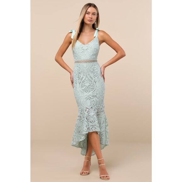NWT Lulus Won Your Heart Sage Green Lace Tie-Strap High-Low Midi Dress Size L - Picture 1 of 6